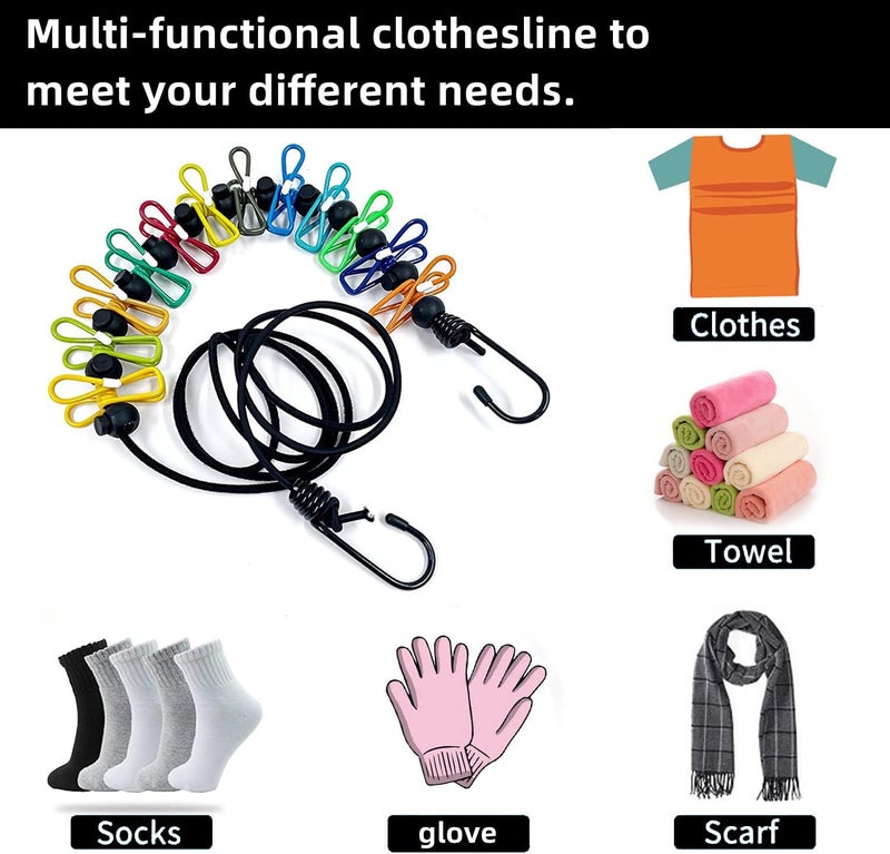 Sarmyarc Retractable Travel Clothesline，Portable Clothesline Clothing line with 12 Clothes Clips， for Indoor and Outdoor Laundry Drying line，Outdoor Camping Accessories - with Luminous Buckle (White) - Image 5
